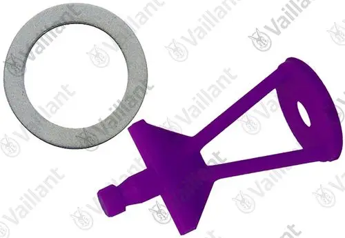Vaillant-Vordüse in Signalviolett, kombiniert mit einem grauen Dichtungsring, für den Einsatz in Heiz- oder Warmwasseranlagen.